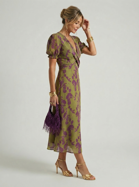 VIOLETTE | VESTIDO MIDI FLORAL CRUZADO CON MANGA GLOBO