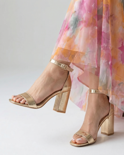 TACONES BLOQUE METALIZADO DORADO TIRA TOBILLO