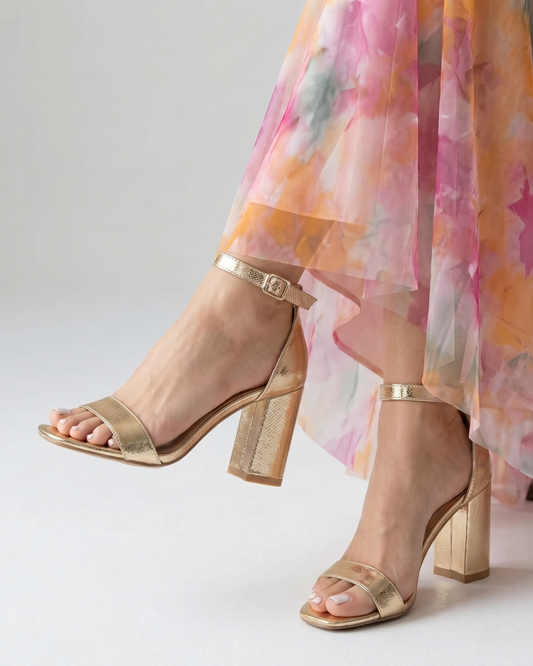 TACONES BLOQUE METALIZADO DORADO TIRA TOBILLO