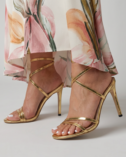 TACONES AGUJA MULTITIRA METALIZADO DORADO