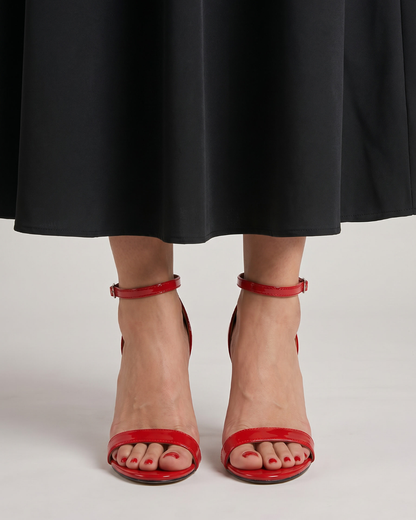TACONES AGUJA CHAROL ROJO TIRA TOBILLO