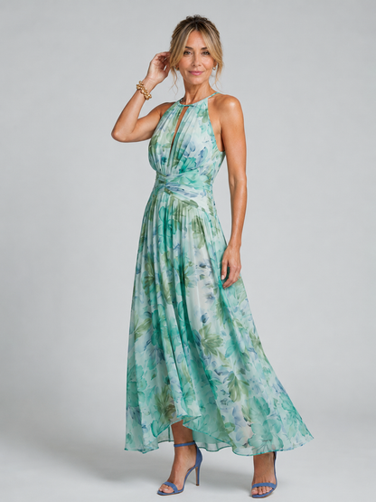 PERLE | VESTIDO MIDI PLISADO HALTER CON ESTAMPADO ACUARELA