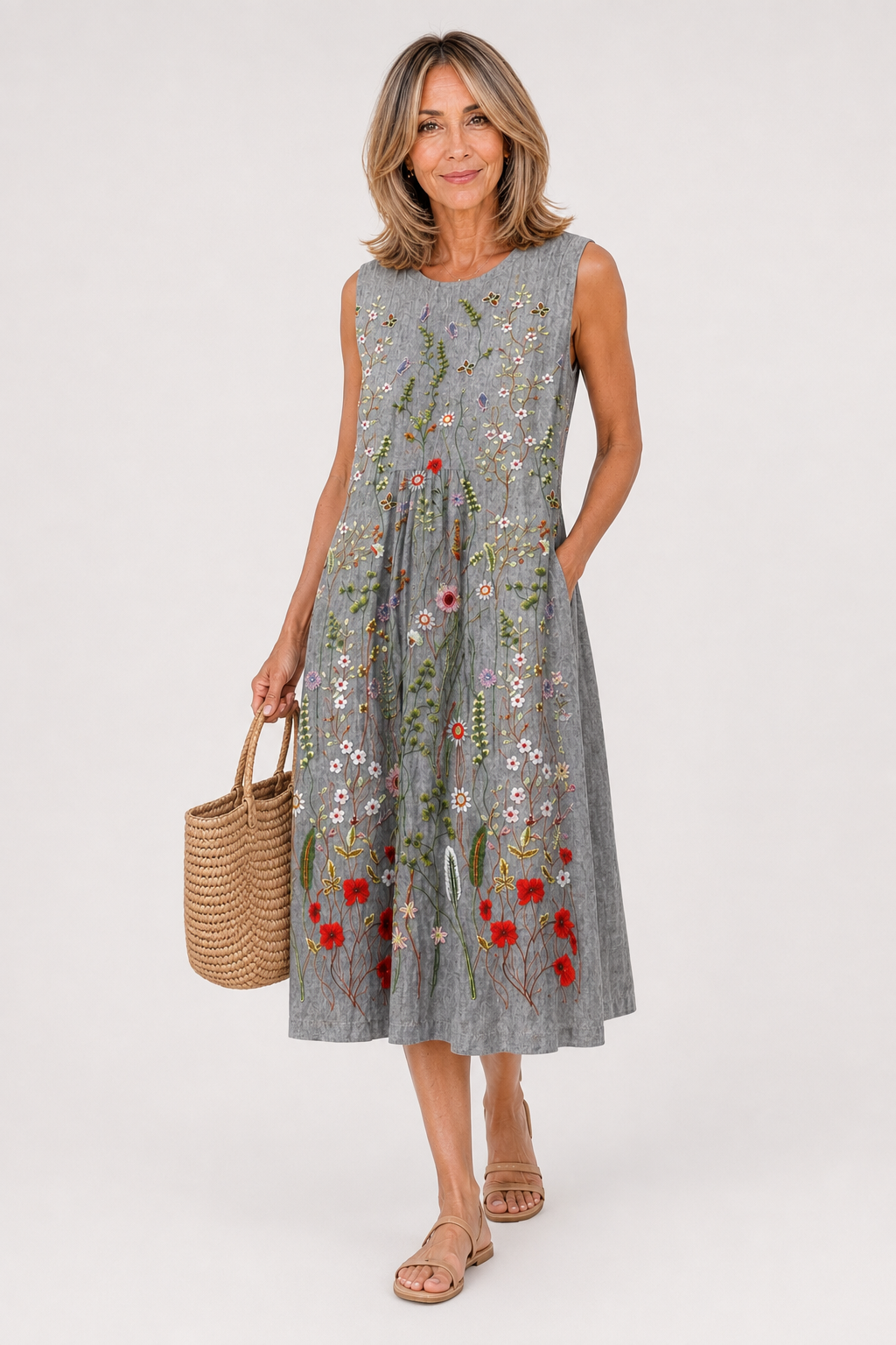 VESTIDO LINO BORDADO FLORAL