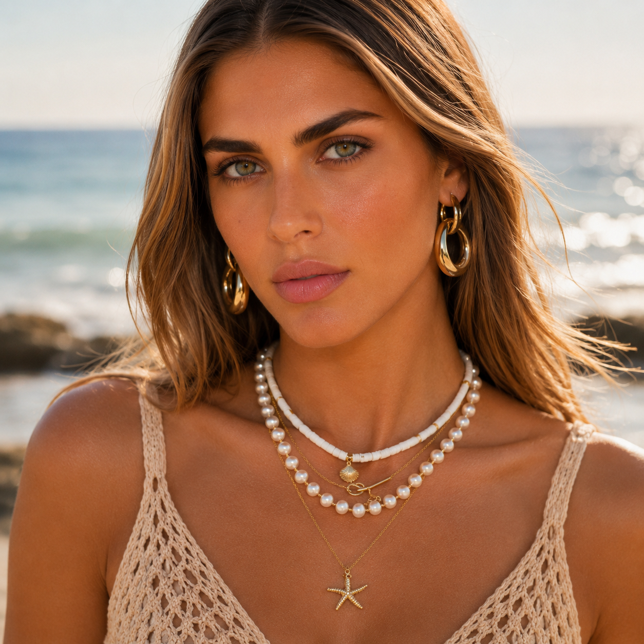 SET COLLARES PERLAS Y ESTRELLA DE MAR DORADO