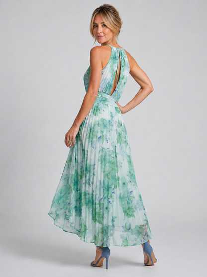 PERLE | VESTIDO MIDI PLISADO HALTER CON ESTAMPADO ACUARELA