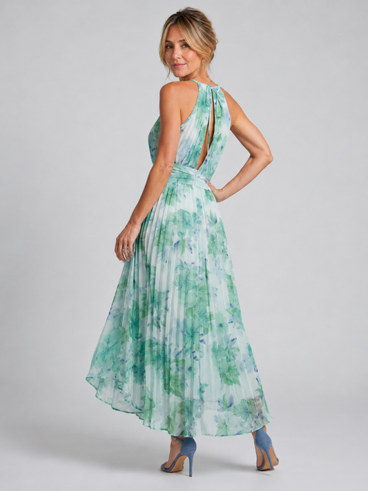 PERLE | VESTIDO MIDI PLISADO HALTER CON ESTAMPADO ACUARELA