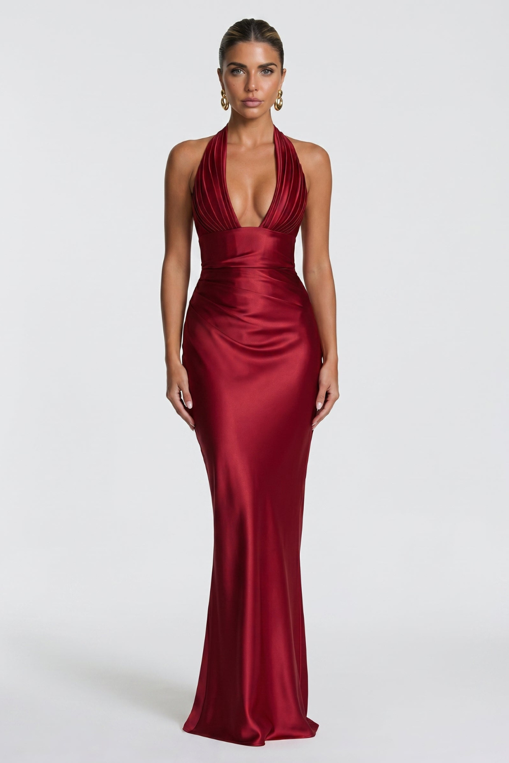 VESTIDO MAXI SATÉN HALTER CON ESPALDA DE CORSÉ