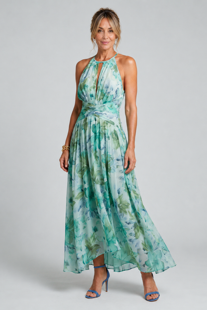 PERLE | VESTIDO MIDI PLISADO HALTER CON ESTAMPADO ACUARELA