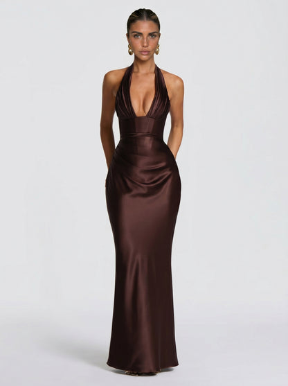 VESTIDO MAXI SATÉN HALTER CON ESPALDA DE CORSÉ