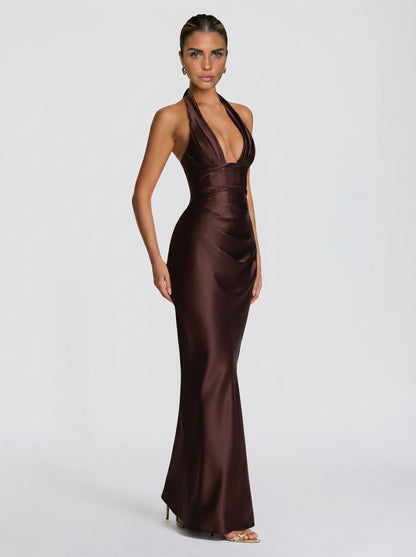 VESTIDO MAXI SATÉN HALTER CON ESPALDA DE CORSÉ