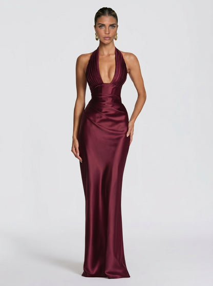 VESTIDO MAXI SATÉN HALTER CON ESPALDA DE CORSÉ