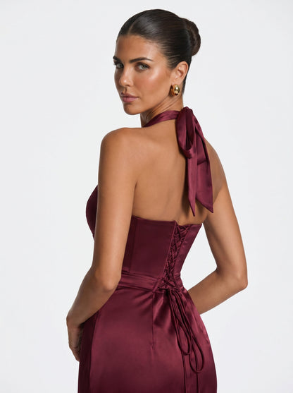 VESTIDO MAXI SATÉN HALTER CON ESPALDA DE CORSÉ