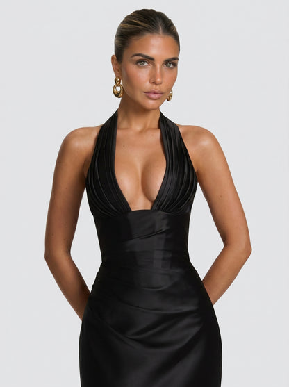 VESTIDO MAXI SATÉN HALTER CON ESPALDA DE CORSÉ
