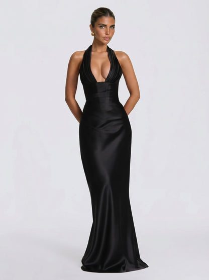 VESTIDO MAXI SATÉN HALTER CON ESPALDA DE CORSÉ
