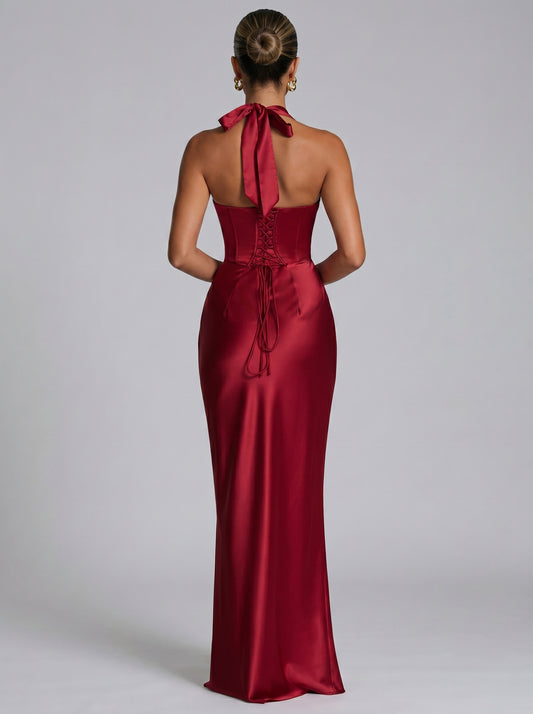 VESTIDO MAXI SATÉN HALTER CON ESPALDA DE CORSÉ