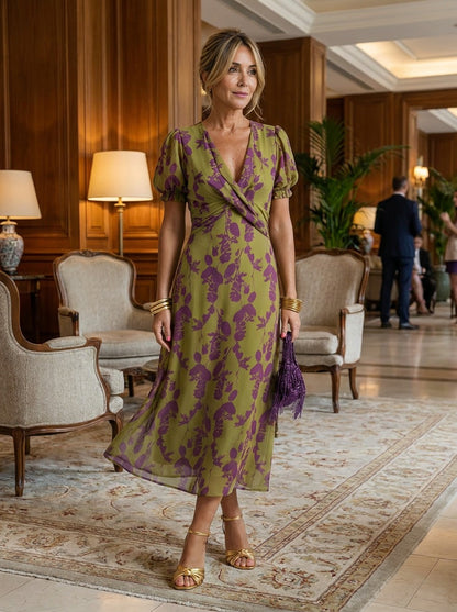 VIOLETTE | VESTIDO MIDI FLORAL CRUZADO CON MANGA GLOBO